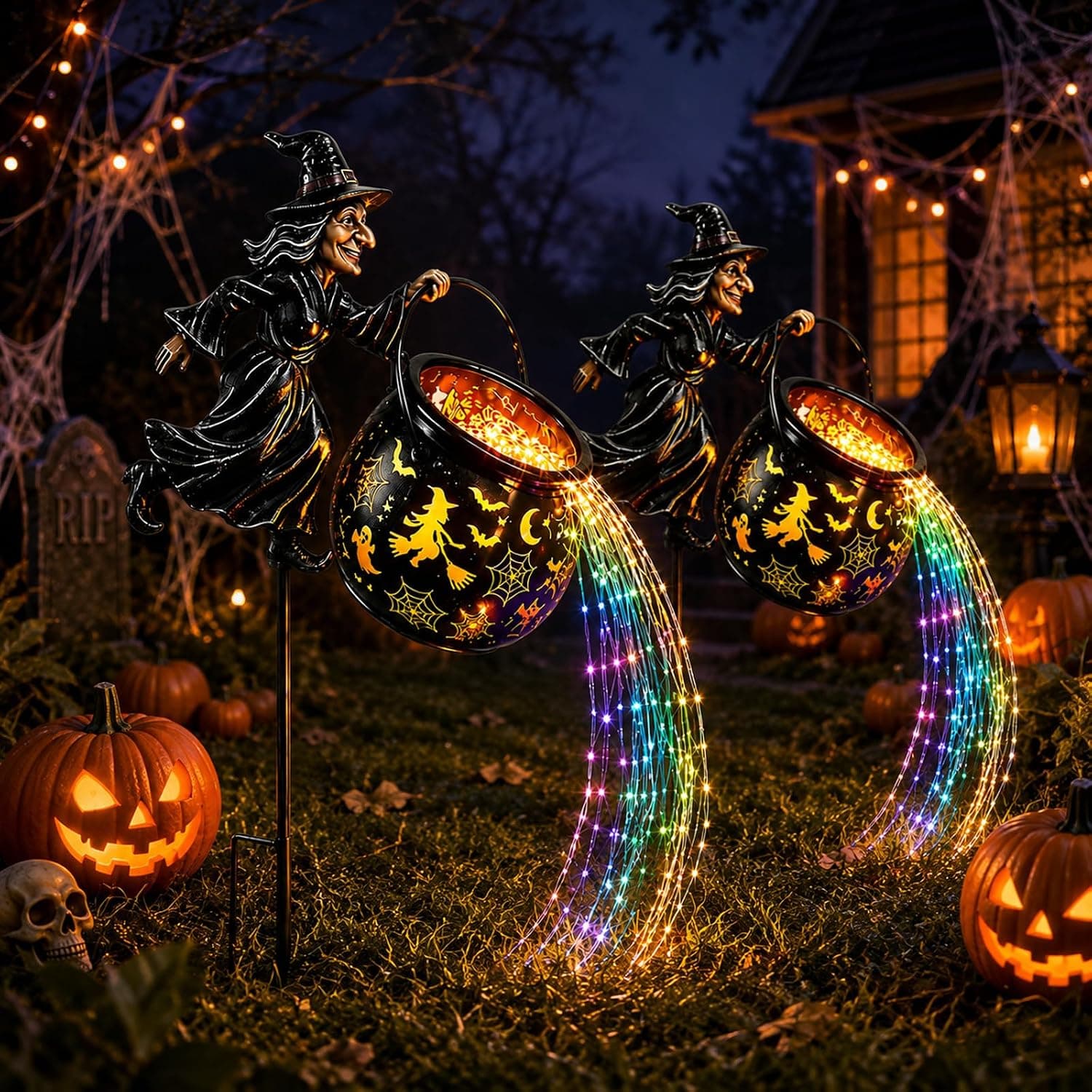 Halloween Witch Cauldron Garden Stake Lights - Outdoor Flying Witch Yard Decor
