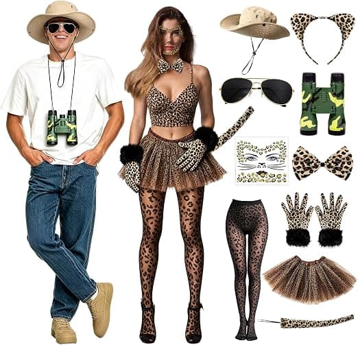 10 Pcs Halloween Couples Safari & Cheetah Costume Set - Tourist & Leopard Cosplay